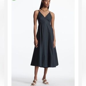 COS A- Line 100% Cotton Slip Midi Dress In Faded Black